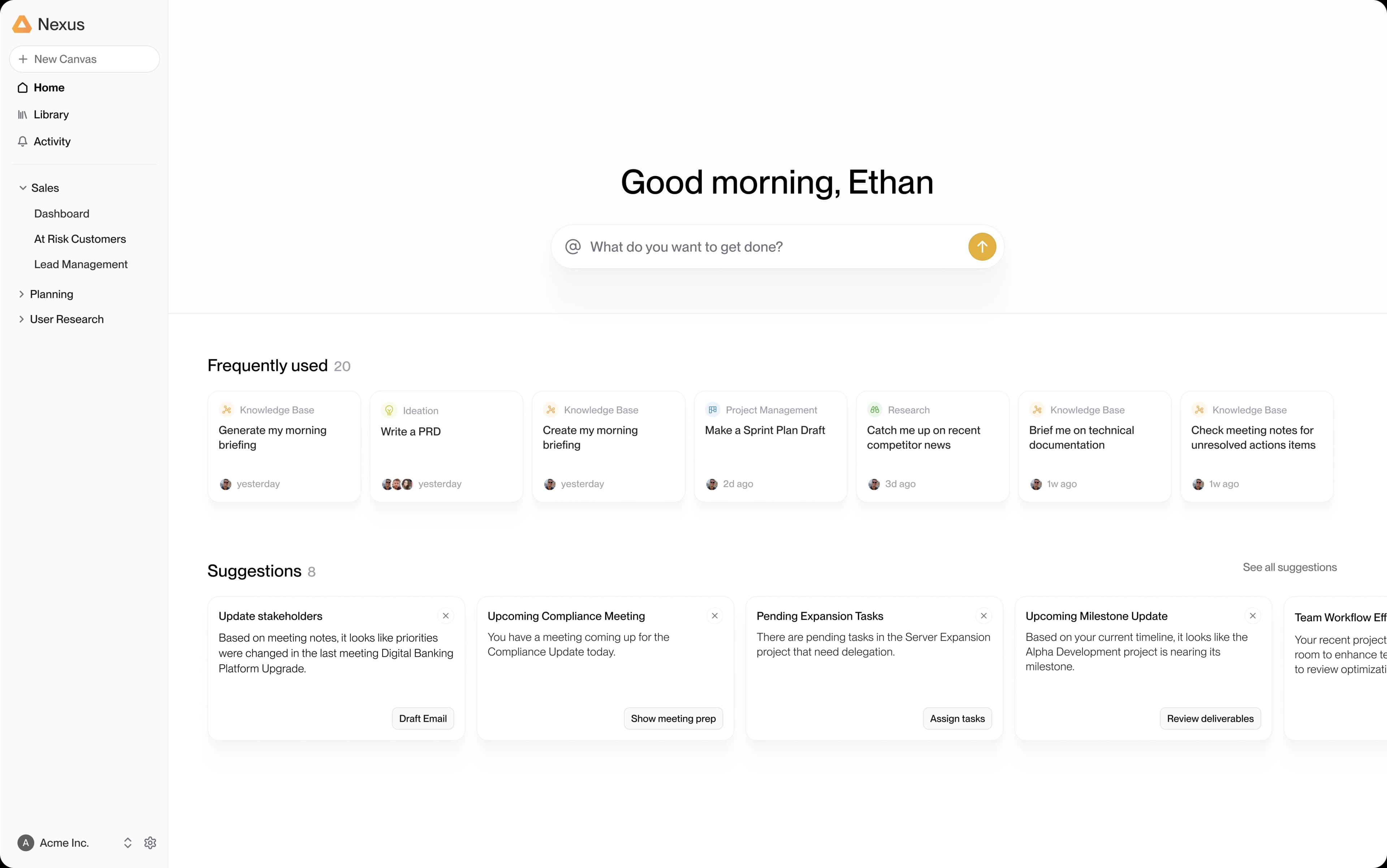 Home interface with prompt and suggestions